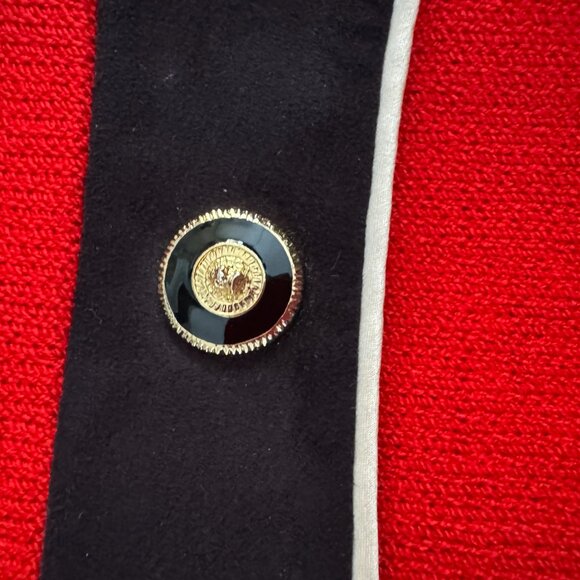 St. John Collection Red Black Knit Jacket Contrast Trim Gold Button Wool Blend 8 - Picture 2 of 7